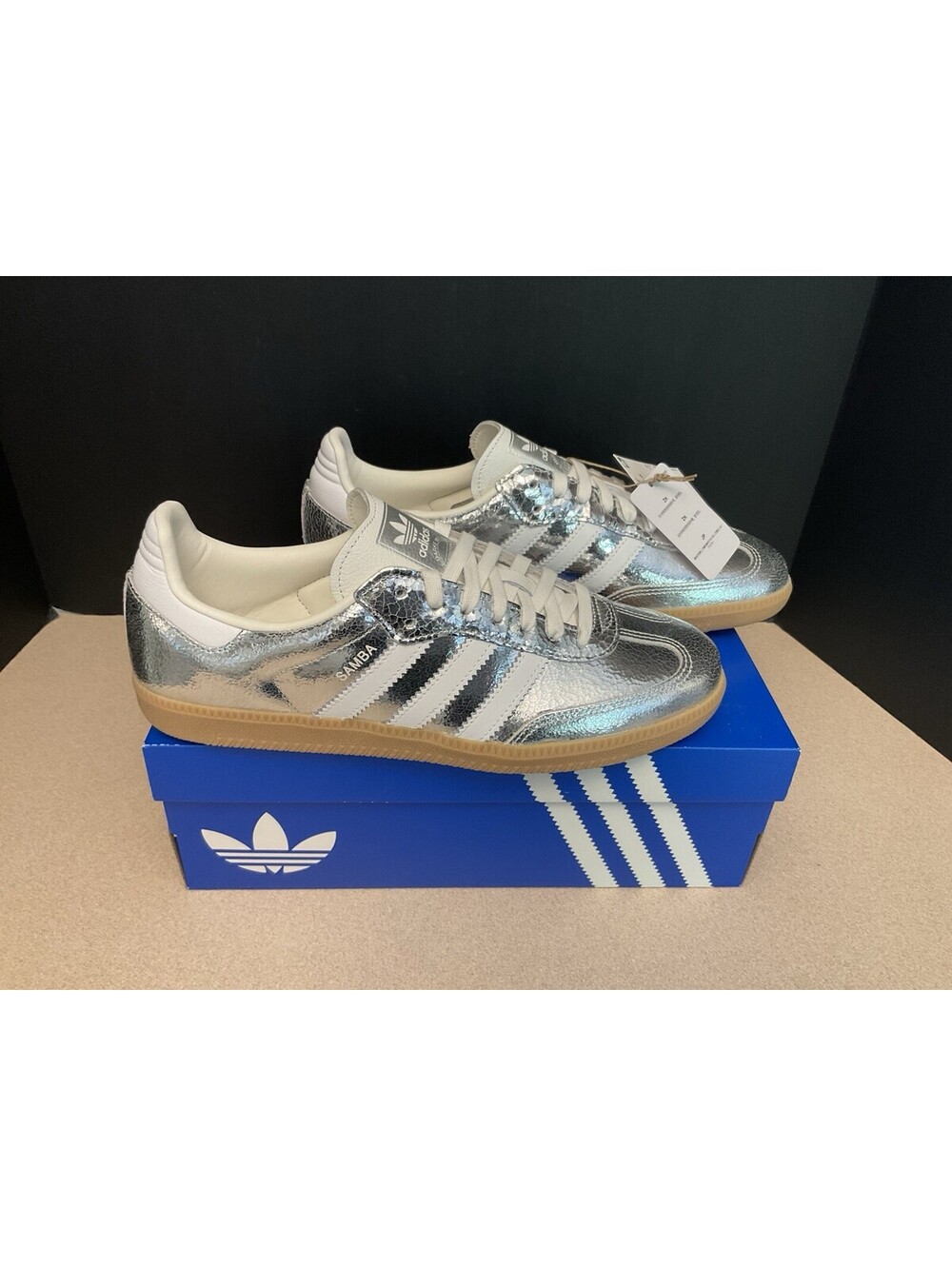 New! Womens Adidas Samba OG Silver Metallic Cracked Leather Shoes. Size 10.5.
